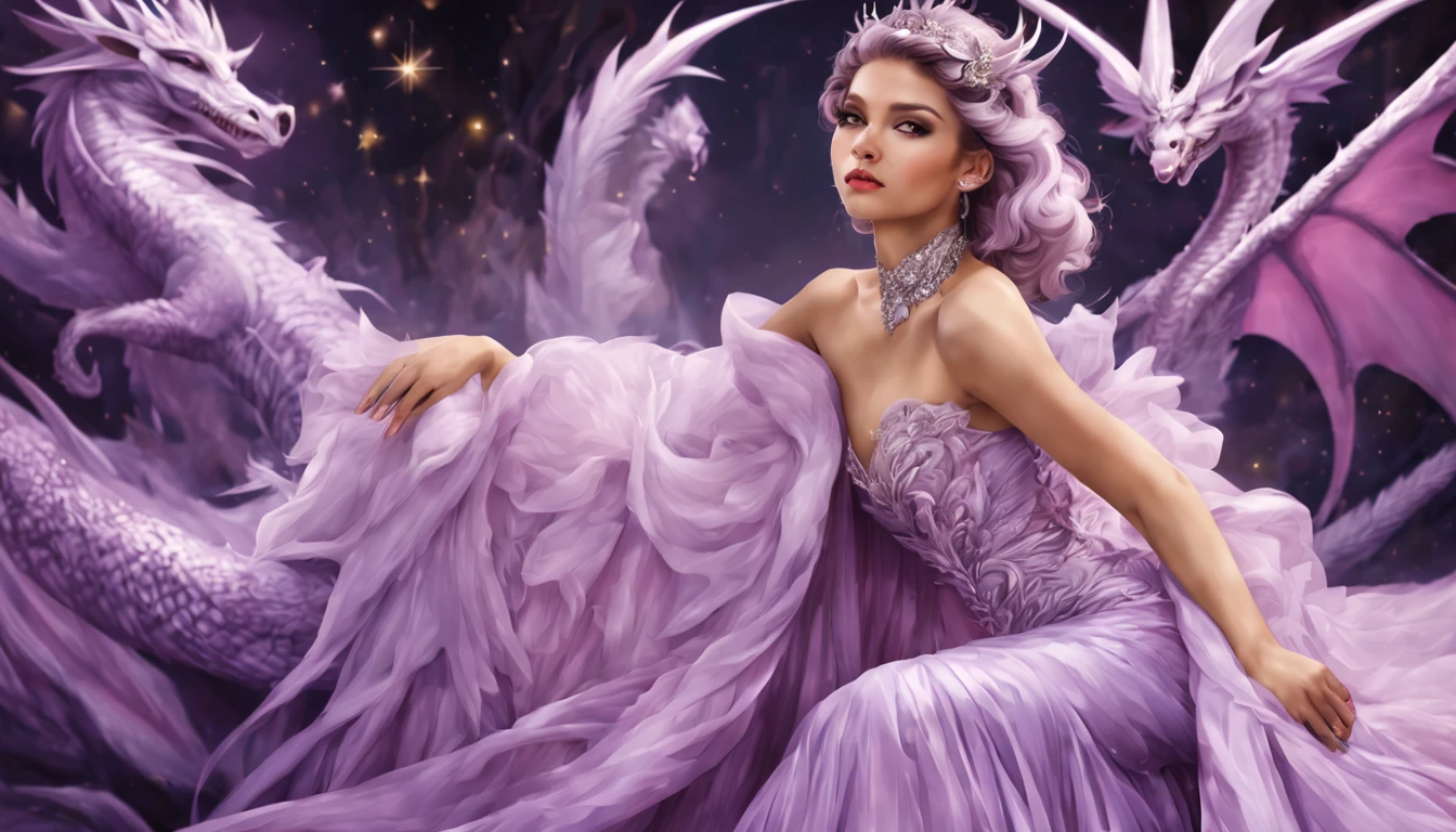 Queen of the White Dragon, mulher madura jovem, "Zendaya", Orelhas longas de elfos, elegant lilac Ruby dress, mama grande, Curvy, dragon ling vawy hair, Cabelos Super Longos, soft facial features, White dragon horns on his head, Mulher majestosa, silver decoration on her ruby lilac dress, Rainha Estrela Prateada, Grandes olhos azuis, cherry lips, White dragons, starly sky