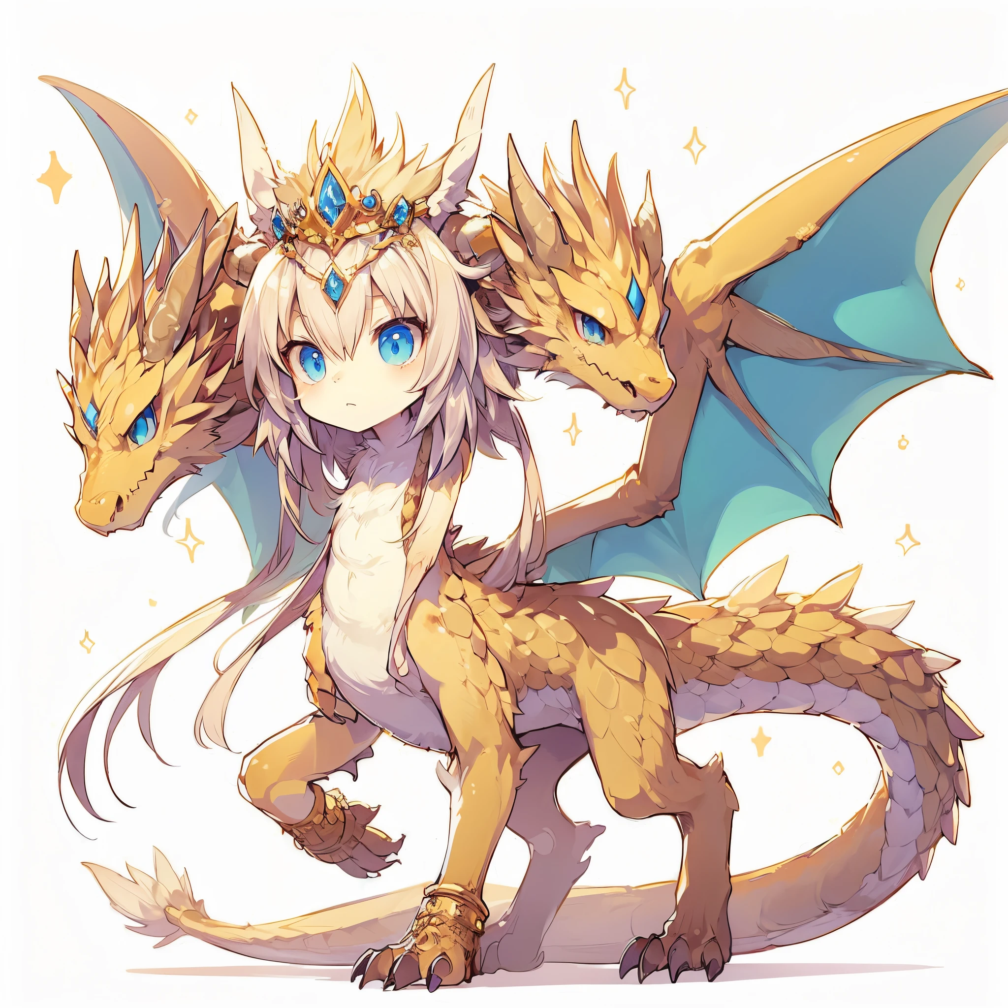 Keizer Ghidorah. female dragon. mesukemo. Dull golden color. Blue as secondary color. three heads. Walking on four legs. dress. crown. anime style.