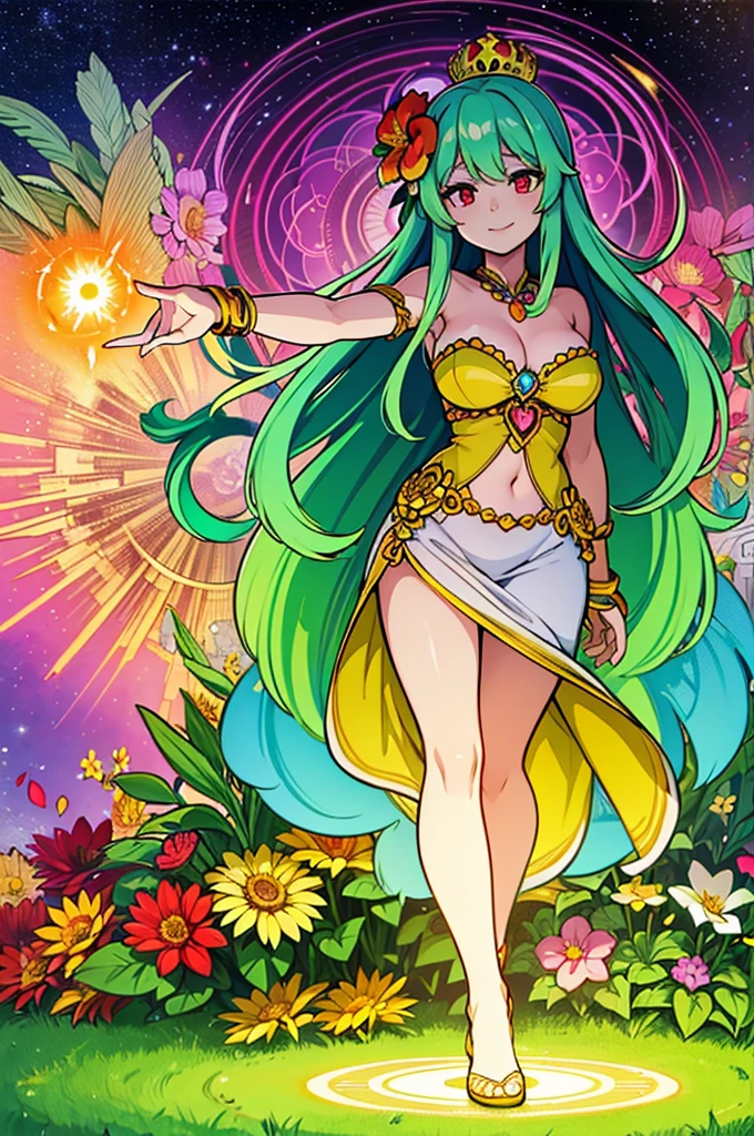 llustration of a goddess in a colorful dress surrounded by flowers, flower goddess, deity of spring, a goddess in a field of flowers, the goddess of summer, goddess of spring, digital illustration radiating, flower queen, dreamy psychedelic anime, she the center of the garden, official art, goddess of nature, radiating light from behind, madala of light and flowers behind her, magick circle of love, kalachakra, red eyes, long flower dress, green-blue hair, goddess of flowers, venusian goddess, solar goddess, dancing in a flower meadow, mandala of light behind her, kalachakra, magick circle background behind, heart-opening smile, golden crown made of flowers, green-blue hair, red eyes, light radiating from her heart, kobato anime style, psychedelic and dreamy, goddess of lovve