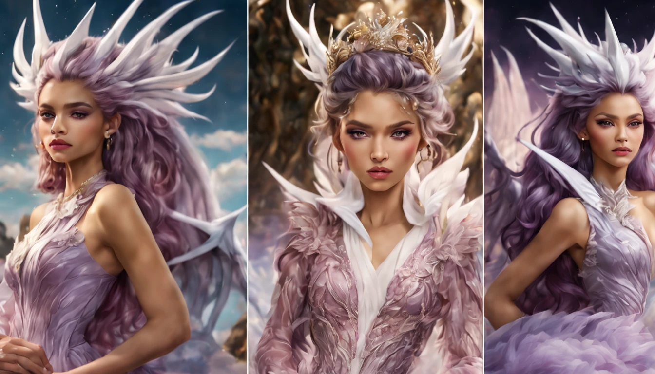 Queen of the White Dragon, mulher madura jovem, "Zendaya", Orelhas longas de elfos, elegant lilac Ruby dress, mama grande, Curvy, dragon ling vawy hair, Cabelos Super Longos, soft facial features, White dragon horns on his head, Mulher majestosa, silver decoration on her ruby lilac dress, Rainha Estrela Prateada, Grandes olhos azuis, cherry lips, White dragons, starly sky