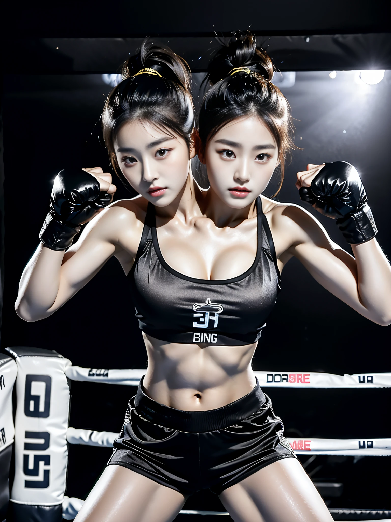 best resolution, 3heads, korean woman with three heads, hair buns, looking at viewer, sports bra, punching pose, boxing gloes, boxing shorts, boxing stance, boxing ring background