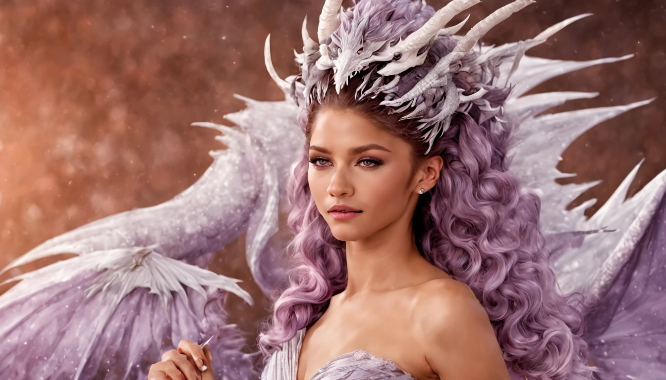 Queen of the White Dragon, mulher madura jovem, "Zendaya", Orelhas longas de elfos, elegant lilac Ruby dress, mama grande, Curvy, dragon ling vawy hair, Cabelos Super Longos, soft facial features, White dragon horns on his head, Mulher majestosa, silver decoration on her ruby lilac dress, Rainha Estrela Prateada, Grandes olhos azuis, cherry lips, White dragons, starly sky