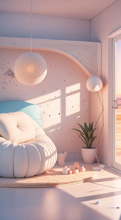 liveroom,sofe,hugging pillow,Draw one,Decorative style,Terrazzo,the setting sun,scenecy,inside a room,4K,tmasterpiece,A high resolution,extremly intricate)(realistically:1.4),3D clay rendering,white backgrounid,c4d