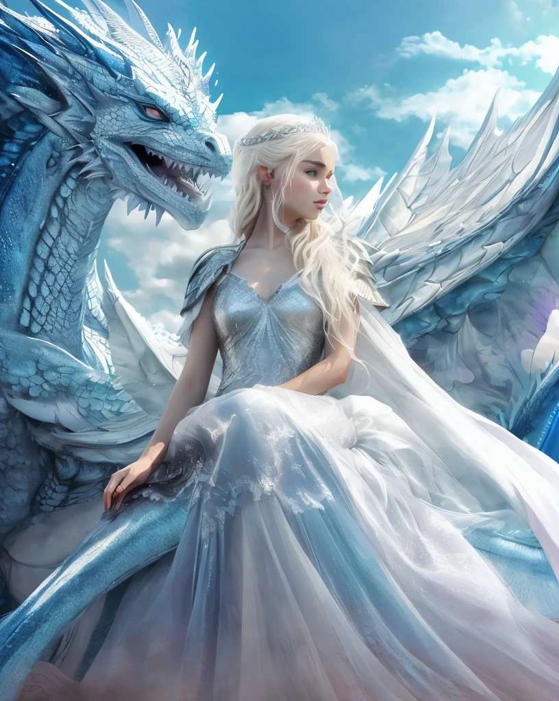 a woman in a white dress sitting next to a blue dragon, Queen of Dragons, bela arte de fantasia, dragon queen, gelo e fogo, arte de fantasia muito bonita, filme de fantasia de romance, amazing fantasy art, Rainha do gelo e da tempestade, breathtaking fantasy art, arte de fantasia detalhada, Daenerys Targaryen, arte de fantasia altamente detalhada, Daenerys