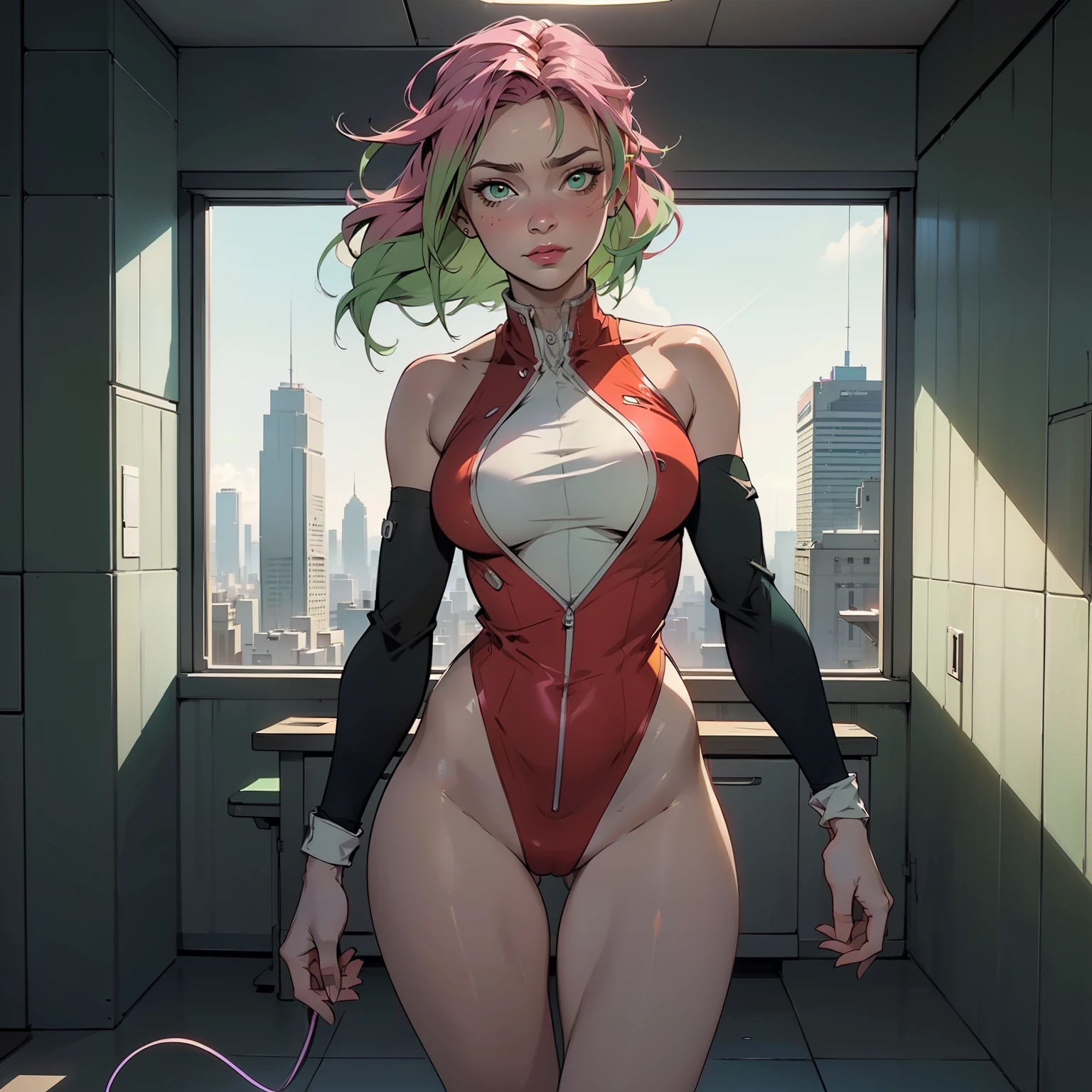 Hyper realistic super detailed sexy Mitsuri Kanroji, NSFW, Very detailed, expressions faciales sexy, seductive facial expressionace detail: 1.4): 0.4], 16K resolution, 4k resolution, dinamic lighting, High definition resolution, (sexy pose, Position attrayante), (hyper realistic: 1.4),  , (sun light: 1), (pleine hauteur: 1.8),(contrasting background: 1.5), (Anatomy of the hyperrealistic arm), (Hyperrealistic anatomy of the legs), (peau propre), (lighting cinematic: 1.7), (intime), (Technologie NVIDIA RTX Ray Tracing), (Ventre plat parfait), (image couleur),Create a 4K resolution, ultra-realistic, and extremely detailed artwork featuring a Mitsuri Kanroji in a corporate office setting with a provocative style. Mitsuri Kanroji  the central character in the artwork. She stands in front of a big glass window of a modern office offering a cityscape view.

 ((Mitsuri Kanroji (from "demon slayer"))), a girl with long green-pink gradient hair and green eyes, green hair, gradient hair, multicolored hair, long hair. She has a commanding presence. She has a provocative yet professional silhouette, with a tailored business suit that subtly emphasizes her figure. Her makeup  bold, with striking red lips and a gaze that demands attention.

She  dressed provocatively,  a bold fashion statement. yellow leotard, orange leotard, thigh gap, bare shoulders, a touch of glamour to her overall appearance. shy and faint smile