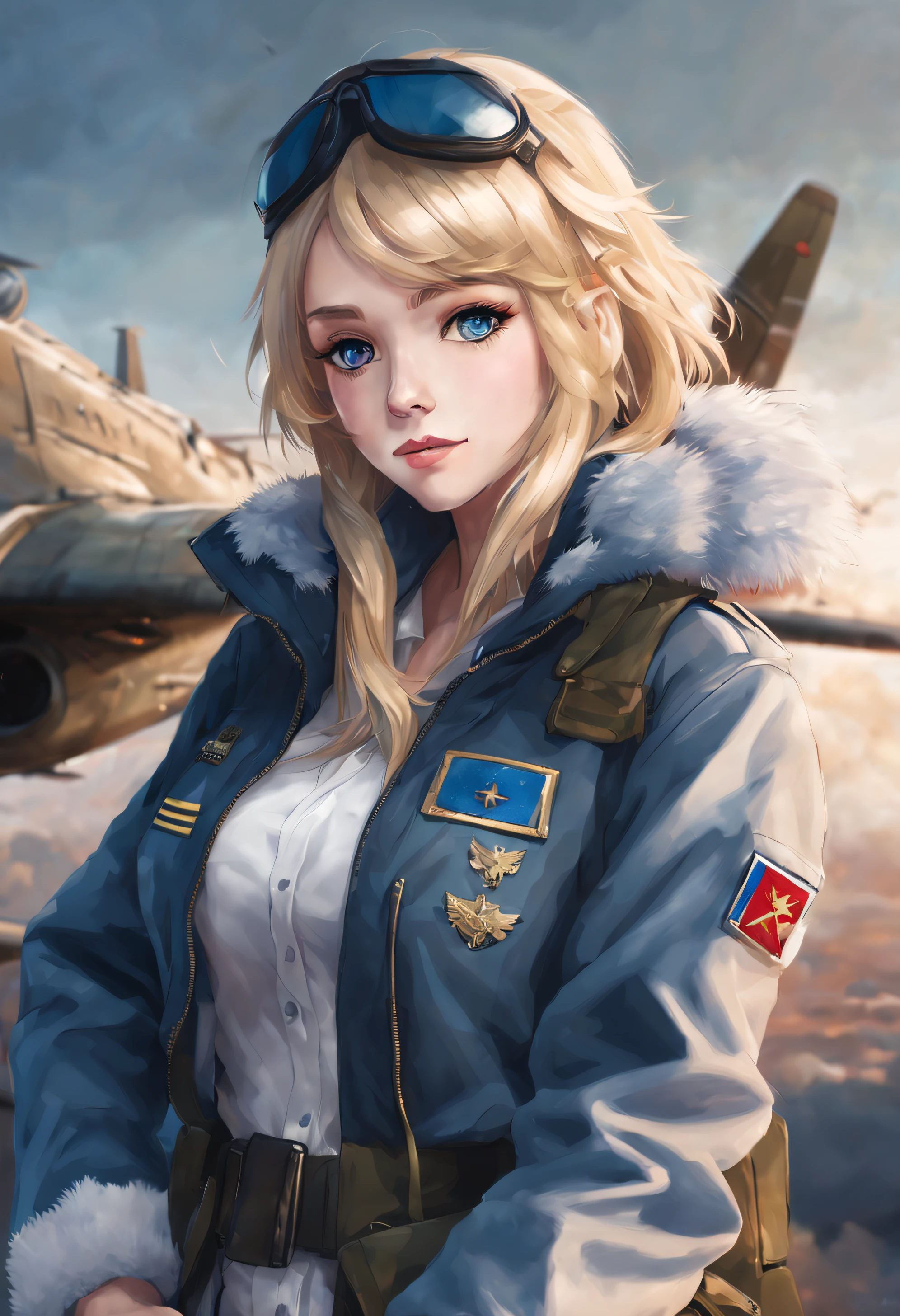 1girl, sozinho, olhos azuis, Ahoge, blonde hair, fur trim, Cloud, short hair, uniforme, militar, colar de pele, 4k, Uniforme militar, Cloudy sky, Luvas, jaqueta com acabamento de pele, Air Force Pilot, Olhando para o Viewer, nevasca, airforce, base militar, military aircraft, Jatos