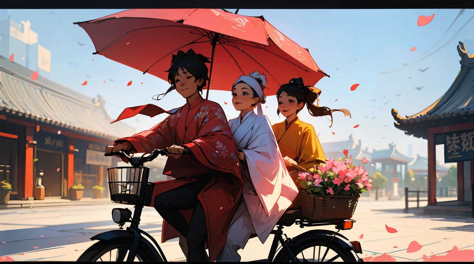 （（Couple wearing red Han Dynasty costumes riding a bicycle，Riding alone，A person  sitting behind）），（a bicycle with a basket，There are flowers in the basket），（Ride on the bustling streets of Tang Dynasty），and the sun was shining brightly，Pink petals are floating in the sky，Delicate face，Blind box toy style，电影灯光，okeh，hyper HD，tmasterpiece，textureskin，A high resolution，Best quality at best，4K