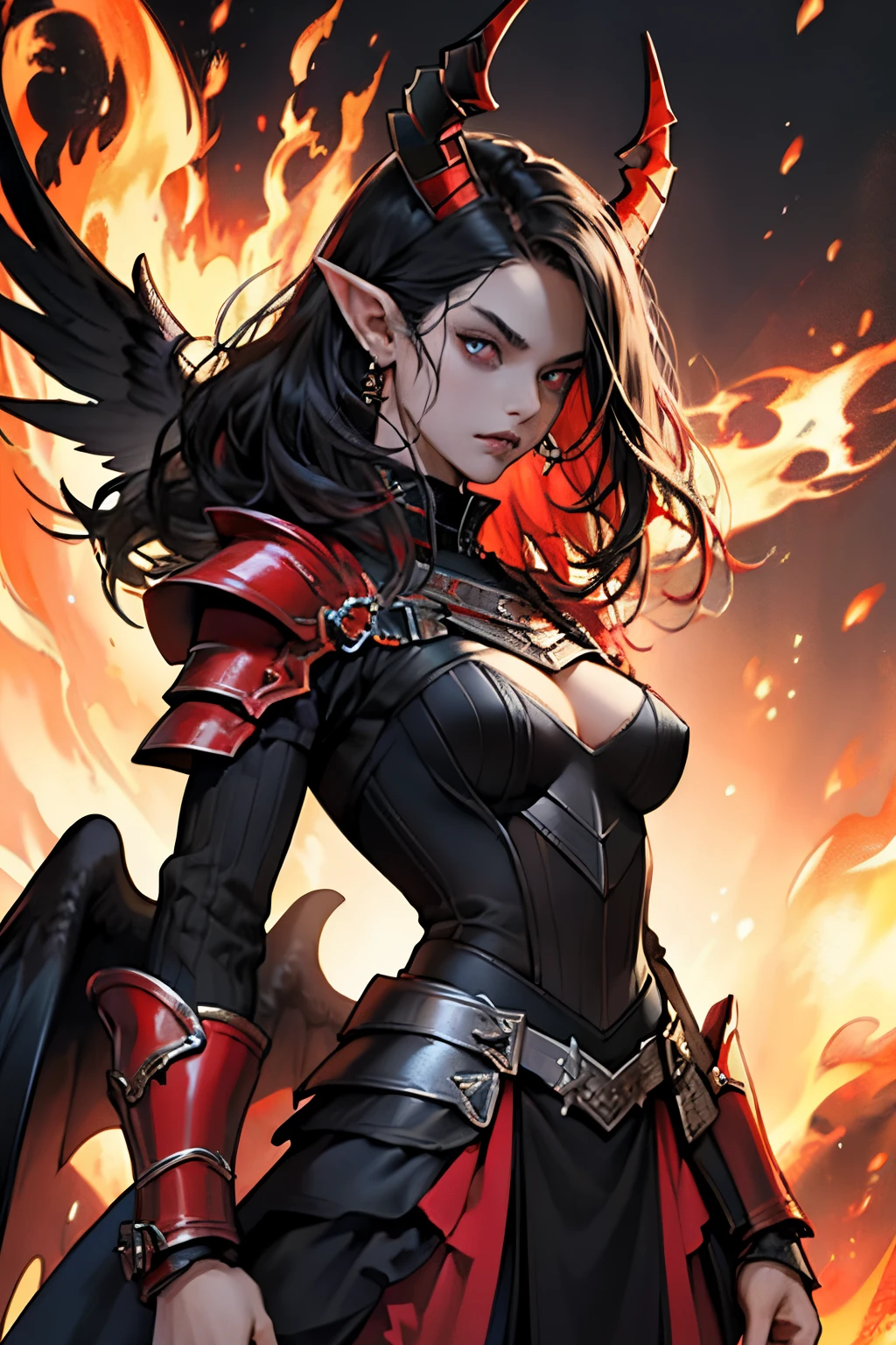 ((Best Quality, 8k, Masterpiece:1.3)), Focus:1.2, Perfect Body Beauty:1.4, Buttocks:1.2, ((Layered Haircut, Breasts:1.4)), (Wet Clothes:1.1) , Highly Detailed Face and Skin Texture, Fine Eyes, Double Eyelids, black eyeliners, red glowing eyes Whitened Skin, Long Hair, (Shut Up: 1.3) female, medium breasts, long red hair, black hair tips, demon horns, ornate black lace armor with details, pointy ears, ear piercings, forhead accessory, high res, ultrasharp, 8K, masterpiece, magic power flow, angry, glowing red lines on armor, flying, hell background masterpiece, black halo, black crown, casting black magic, fire wings, fire cat pet, hellfire armor, standing on a burning corpse, dead sharred corpses on ground