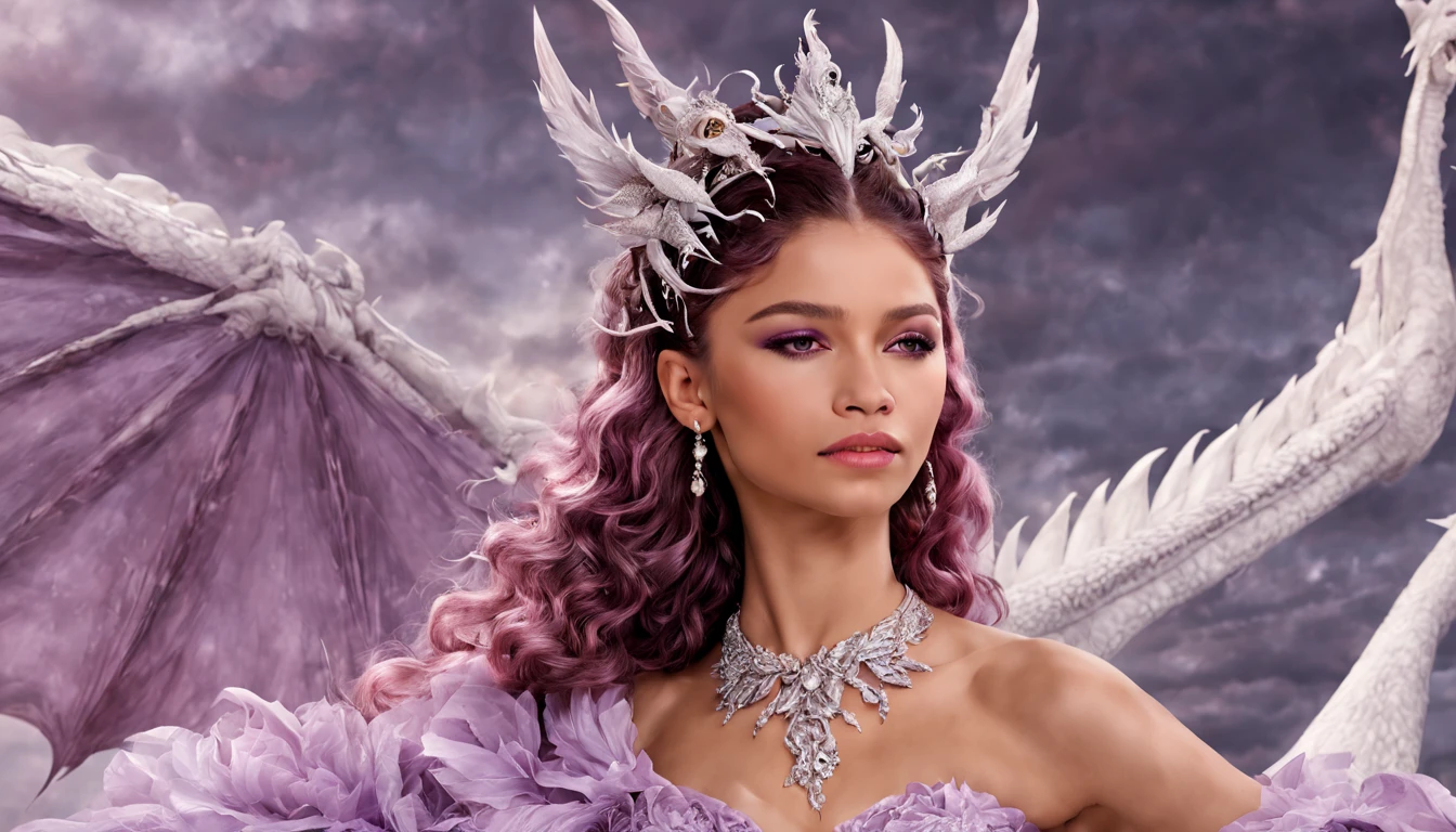 Queen of the White Dragon, mulher madura jovem, "Zendaya", Orelhas longas de elfos, elegant lilac Ruby dress, mama grande, Curvy, dragon ling vawy hair, Cabelos Super Longos, soft facial features, White dragon horns on his head, Mulher majestosa, silver decoration on her ruby lilac dress, Rainha Estrela Prateada, Grandes olhos azuis, cherry lips, White dragons, starly sky