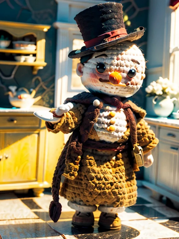 a cute snowman illustration, top hat, holding cain, red scarg, 3d animation, a dark and enormous kitchen for background, Blurry background, lord of the rings ambience