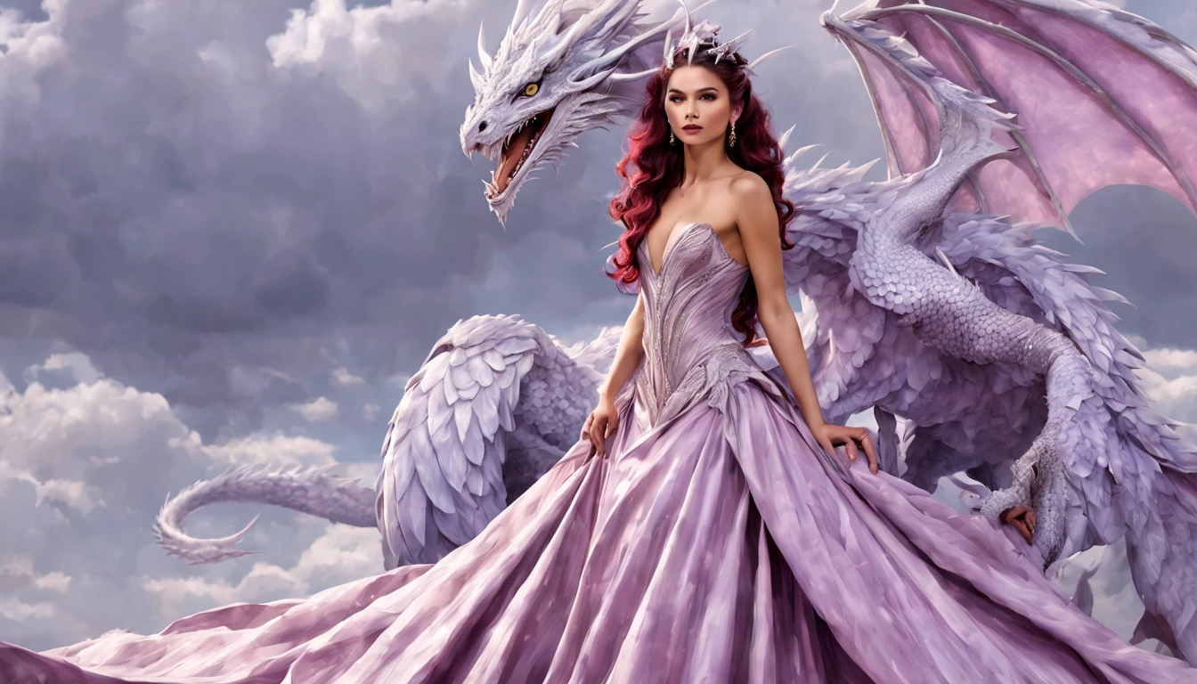 Queen of the White Dragon, mulher madura jovem, "Zendaya", Orelhas longas de elfos, elegant lilac Ruby dress, mama grande, Curvy, dragon ling vawy hair, Cabelos Super Longos, soft facial features, White dragon horns on his head, Mulher majestosa, silver decoration on her ruby lilac dress, Rainha Estrela Prateada, Grandes olhos azuis, cherry lips, White dragons, starly sky