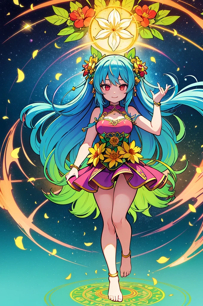 llustration of a goddess in a colorful dress surrounded by flowers, flower goddess, deity of spring, a goddess in a field of flowers, the goddess of summer, goddess of spring, digital illustration radiating, flower queen, dreamy psychedelic anime, she the center of the garden, official art, goddess of nature, radiating light from behind, madala of light and flowers behind her, magick circle of love, kalachakra, red eyes, long flower dress, green-blue hair, goddess of flowers, venusian goddess, solar goddess, dancing in a flower meadow, mandala of light behind her, kalachakra, magick circle background behind, heart-opening smile, golden crown made of flowers, green-blue hair, red eyes, light radiating from her heart, kobato anime style, psychedelic and dreamy, goddess of love, by Yuumei