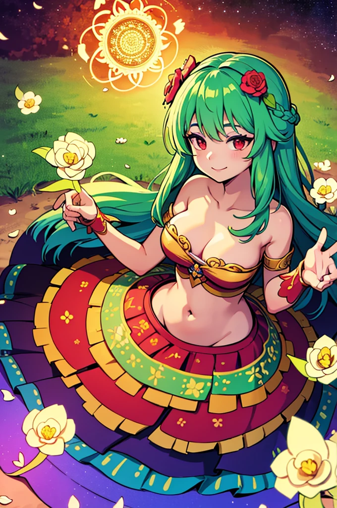 llustration of a goddess in a colorful dress surrounded by flowers, flower goddess, deity of spring, a goddess in a field of flowers, the goddess of summer, goddess of spring, digital illustration radiating, flower queen, dreamy psychedelic anime, she the center of the garden, official art, goddess of nature, radiating light from behind, madala of light and flowers behind her, magick circle of love, kalachakra, red eyes, long flower dress, green-blue hair, goddess of flowers, venusian goddess, solar goddess, dancing in a flower meadow, mandala of light behind her, kalachakra, magick circle background behind, heart-opening smile, golden crown made of flowers, green-blue hair, red eyes, light radiating from her heart, kobato anime style, psychedelic and dreamy, goddess of love, by Yuumei
