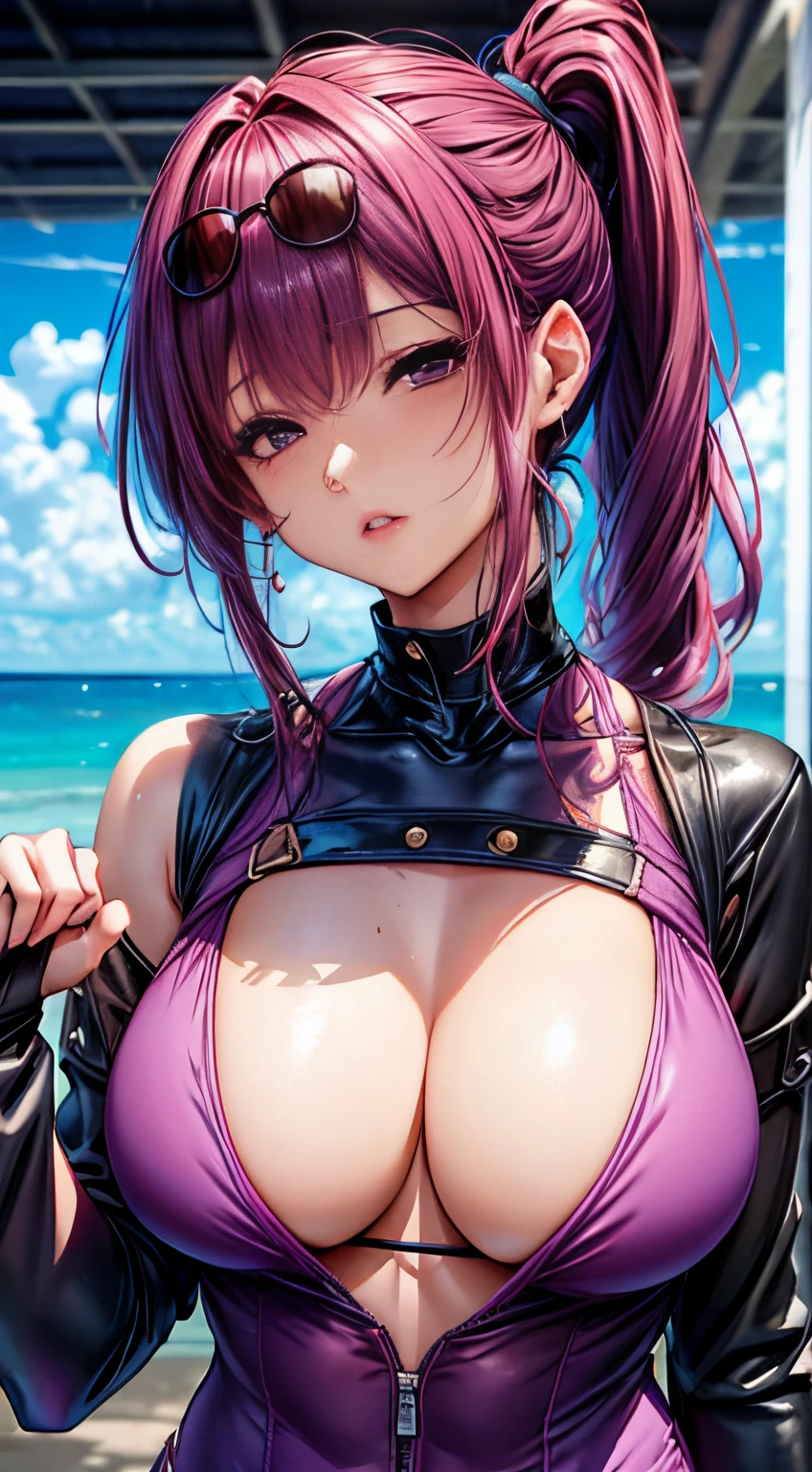 1人の女性,Thirty year old,mature,Raised sexy, tmasterpiece, Best quality, Thicker lines, Erection of nipples, Purple colored hair, Double ponytail hairstyle,Northern hemisphere breast exposure, lips, Place your hands behind your body,Ultra Max_mediuml breasts!! Have breast shape_Melons, cleavage view, tightsuit, Superskirt, animeaesthetic,V shape bikini