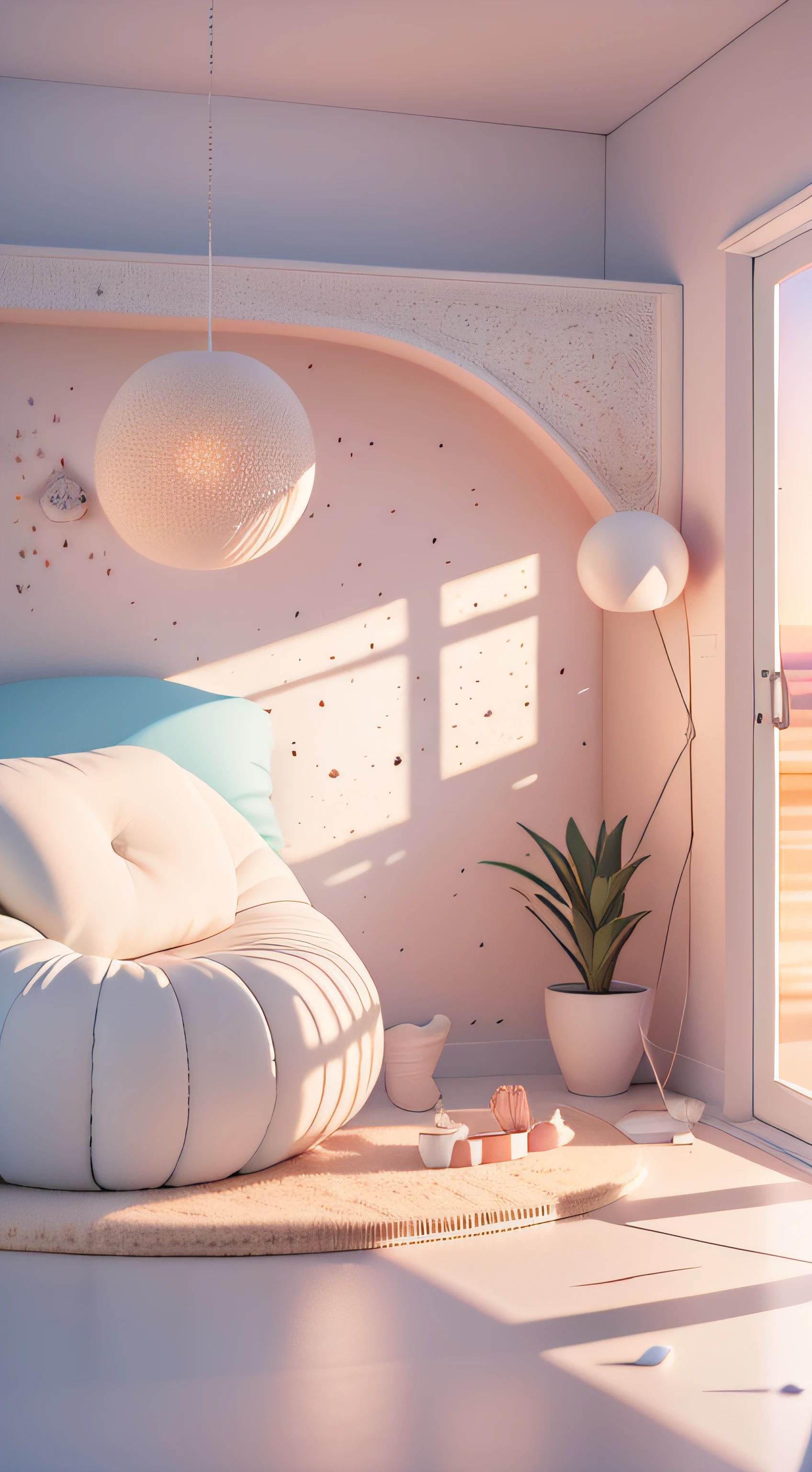 liveroom，sofe，hugging pillow，uniformity，Decorative style，Terrazzo，the setting sun，scenecy，inside a room，4K，tmasterpiece，A high resolution，extremly intricate）（realistically：1.4），3D clay rendering，white backgrounid，c4d