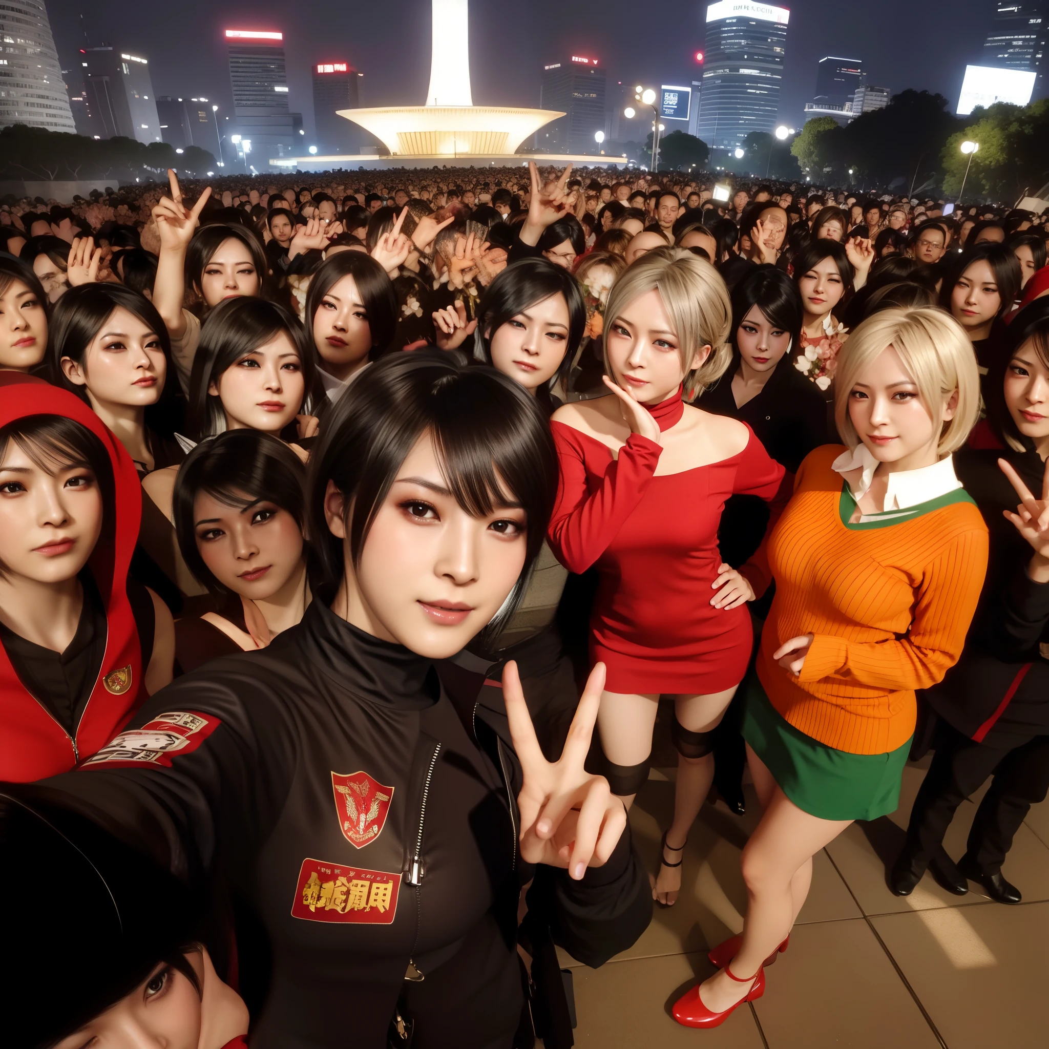 Ada wong, mini red dress, Hand on chin style, happy experience , smile