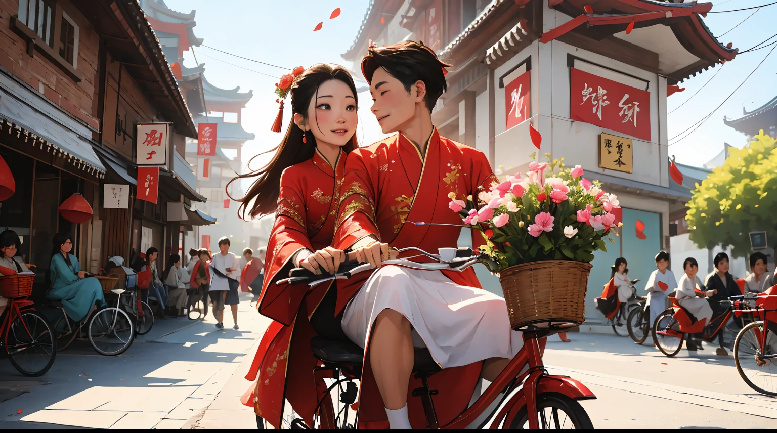 ((Couple wearing red Han Dynasty costumes riding a bicycle,Riding alone,A person sitting behind)),(a bicycle with a basket,There are flowers in the basket),(Ride on the bustling streets of Tang Dynasty),and the sun was shining brightly,Pink petals are floating in the sky,Delicate face,Blind box toy style,电影灯光,okeh,hyper HD,tmasterpiece,textureskin,A high resolution,Best quality at best,4K