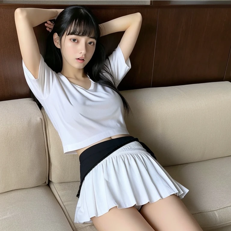 An ultra-high picture quality、Perfect Photo、Japan beautiful girl、 middle school girl、Black Haired Beautiful Girl、(White blouse)、(wearing a shirts)、(Black pleated mini skirt)、((Raised mini skirt))、(sit on sofa)、(It hurts a lot)、(((White panties are visible)))、(half-opened mouth)(I can see a little bit of underwear)、kne、ankle、weak gaze、(((Anxious expression)))、