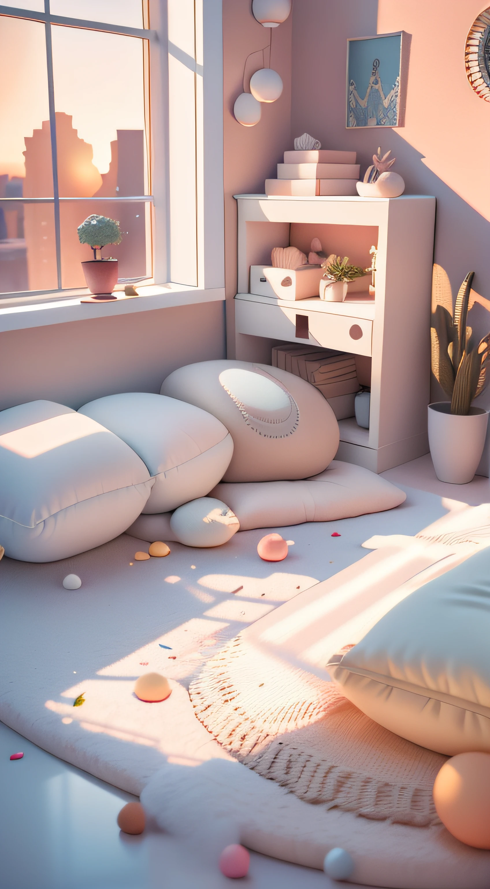 liveroom，sofe，hugging pillow，uniformity，Decorative style，Terrazzo，the setting sun，scenecy，inside a room，4K，tmasterpiece，A high resolution，extremly intricate）（realistically：1.4），3D clay rendering，white backgrounid，c4d