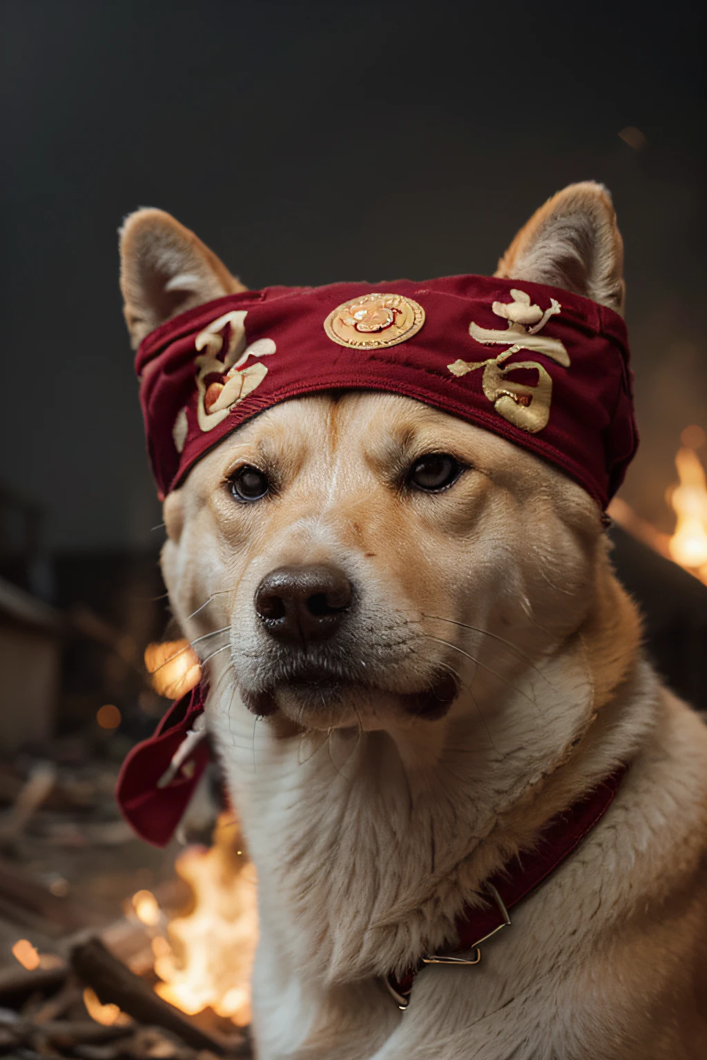 dux el perro, pero akita inu, cara enojada y amenazante, with a headband with Japanese symbols, It is in a completely destroyed Asian city, mucho fuego, mucho humo, 4k, Imagen ultra detallada, realista, Altamente detallado, perfect composition, splendid, Intrincadamente detallado, Incredibly detailed, 8 k artistic photography, hiper detallado, Obra maestra, Ultra detallado, hiperrealista, 4k, Imagen ultra detallada , realista, Altamente detallado, perfect composition, splendid, Intrincadamente detallado, Incredibly detailed, 8K fine art photography, hiper detallado, Obra maestra