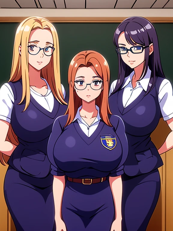 the 3 together standing in the classroom only the student wears glasses. teacher with medium boobs, cabelo vermelho, 25 anos, usando seu uniforme de professora. naughty director with medium boobs, cabelo azul,  31 anos, usando seu terno apertado. Glasses student, pouco gordinha e com seios grandes, cabelo curto e loiro,  19 anos, usando seu uniforme de colegial.