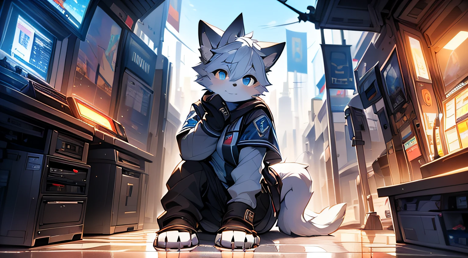 horny boy,Furry electronic wolf,((shota)), Blue and white hair, has a good figure, Handsome,Cute big breasts, optics:Ultimate light and shadow, Reflective skin,blushed skin,((worn-out clothing,Commoner)) ,((sci fi city,metal floor,The flag,独奏,the only person)),Outdoor sunset,((the detail)),(depth of fields),sitting down