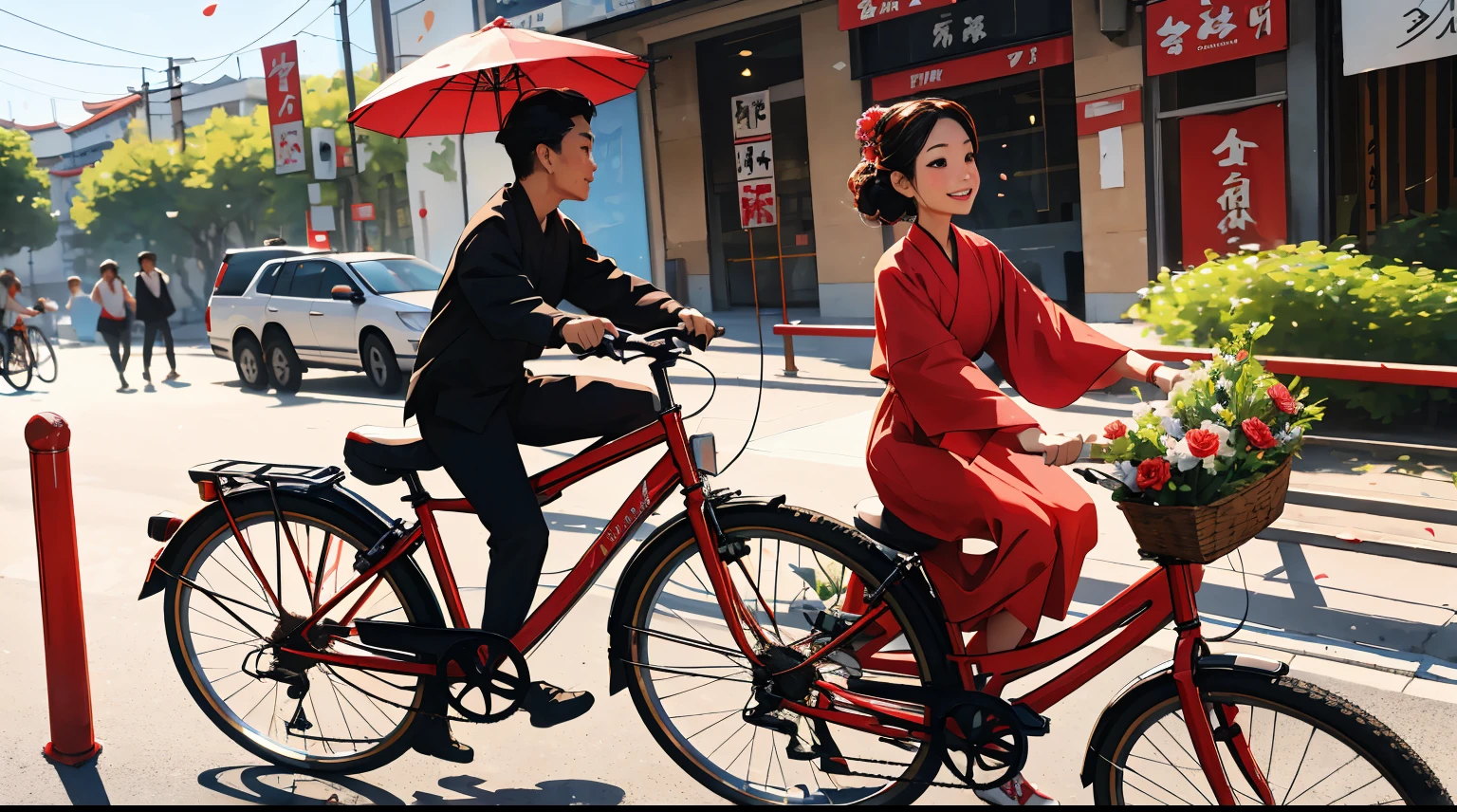 （（Couple wearing red Hanfu riding bicycles，Ride alone，There was a man sitting in the back）），（a bicycle with a basket，There are flowers in the basket），（Galloping on the bustling streets of Tang Dynasty），（Side view），and the sun was shining brightly，Pink petals fluttering in the air，s delicate face，Blind box toy style，电影灯光，Okay，hyper HD，tmasterpiece，textureskin，A high resolution，Best quality，4K