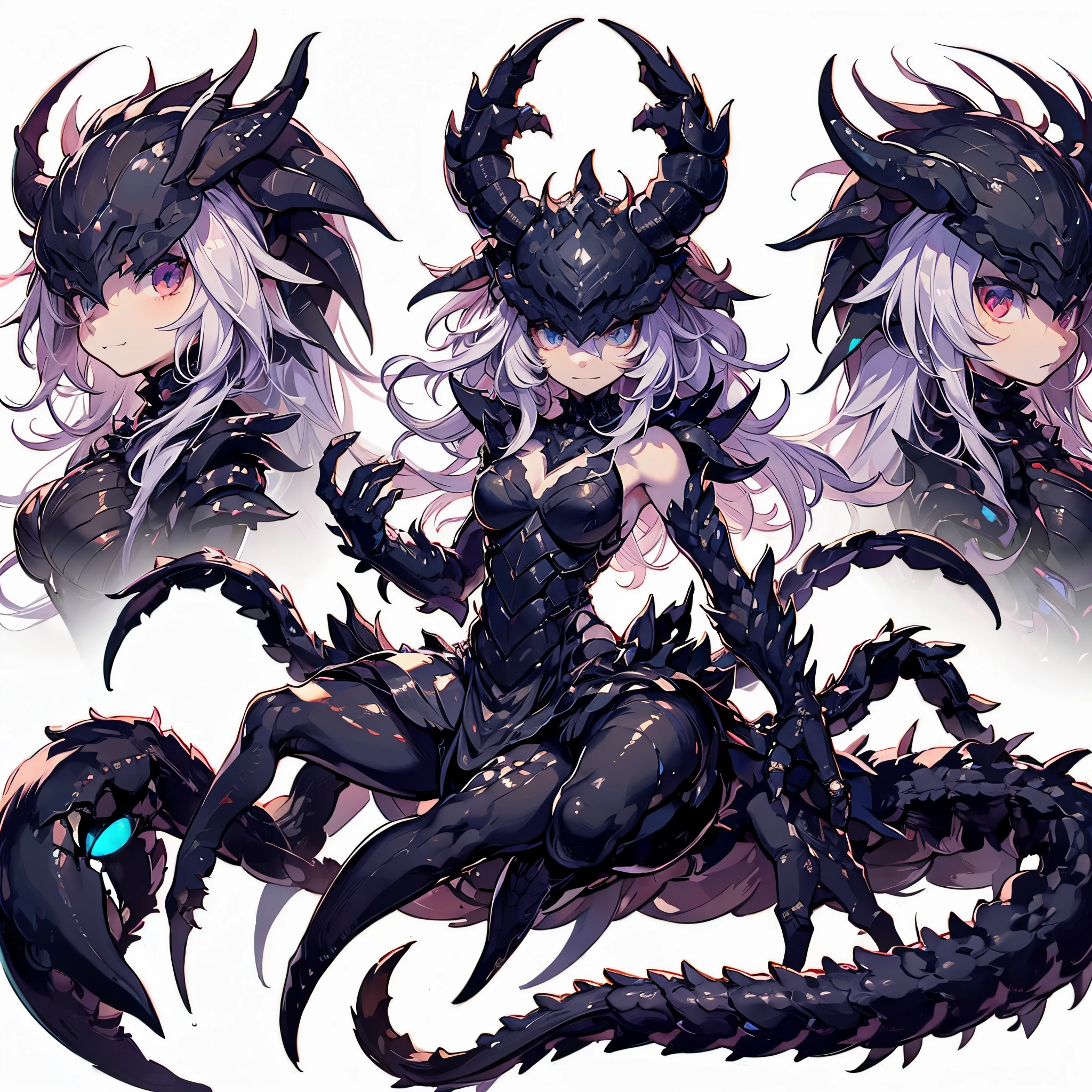 Azdahaku. Female Dragon. scorpion element. Meskemo. Black exoskeleton. Three-head. Compound. Anime style.