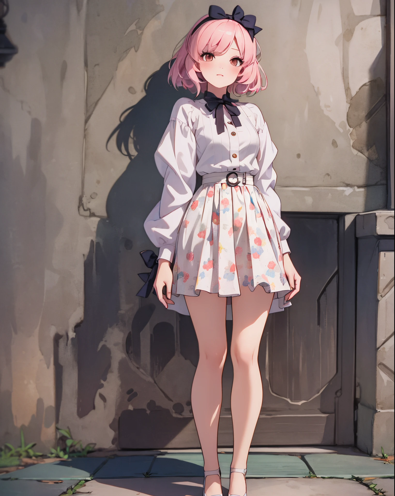(masterpiece, best quality), (risograph) woman in a pink sweater, wearing tutu, maryjane heels with white socks, pink_hair_bow, with pale skin, 2 4 year old female model, black long hair, skinny waist and thick hips, young beautiful, pale fair skin!!, smooth pale skin, 1 8 yo, soft pale white skin