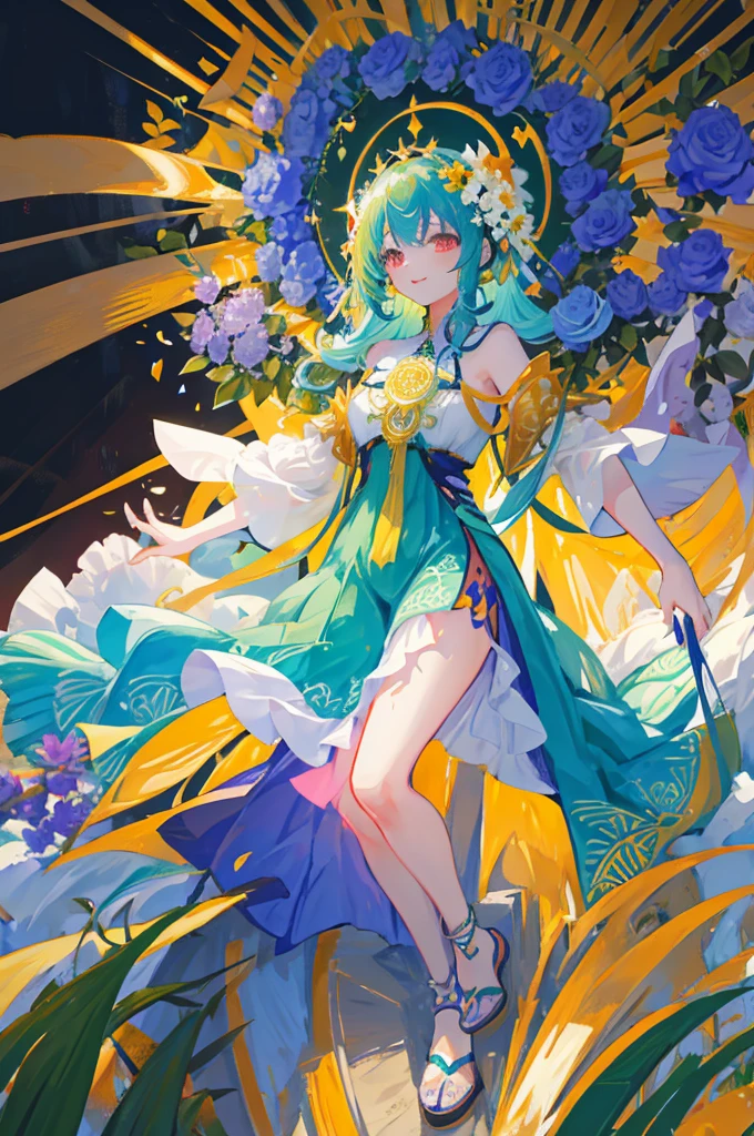 (Masterpiece, top quality, best quality, official art, Beauty and aesthetics: 1.2), (1 girl: 1.3), very detailed, (fractal art: 1.2), colorful, highest detail, (zentangle: 1.2), (dynamic pose), (abstract background: 1.5), (three-layer dress: 1.2), (shiny skin), (multiple colors: 1.4), upper body, transparent gauze, bare shoulders, blooming flower field, glowing skin, light smile, sexy, bust, naked, from below, butt up waiting up