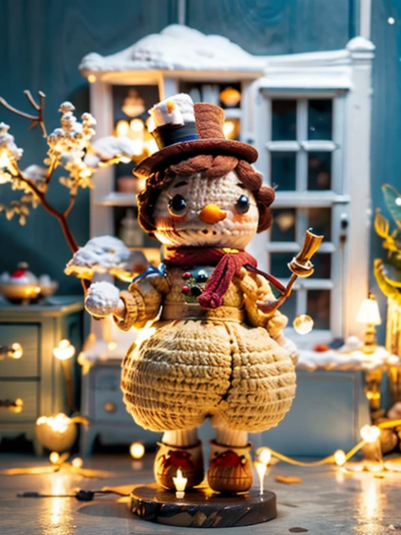 a cute snowman illustration, top hat, holding cane, red scarf, 3d animation, a bright and enormous kitchen for background, Blurry background, Christmas ambience