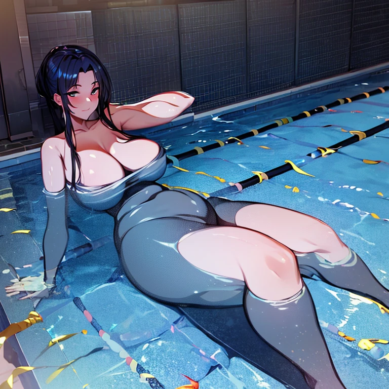 A women sitting in edge of swimming pool, completely nude, sexy, curvy, thick, wide hips, huge breasts, sagging breasts, thin waist, voluptuous, thick thighs, thicc