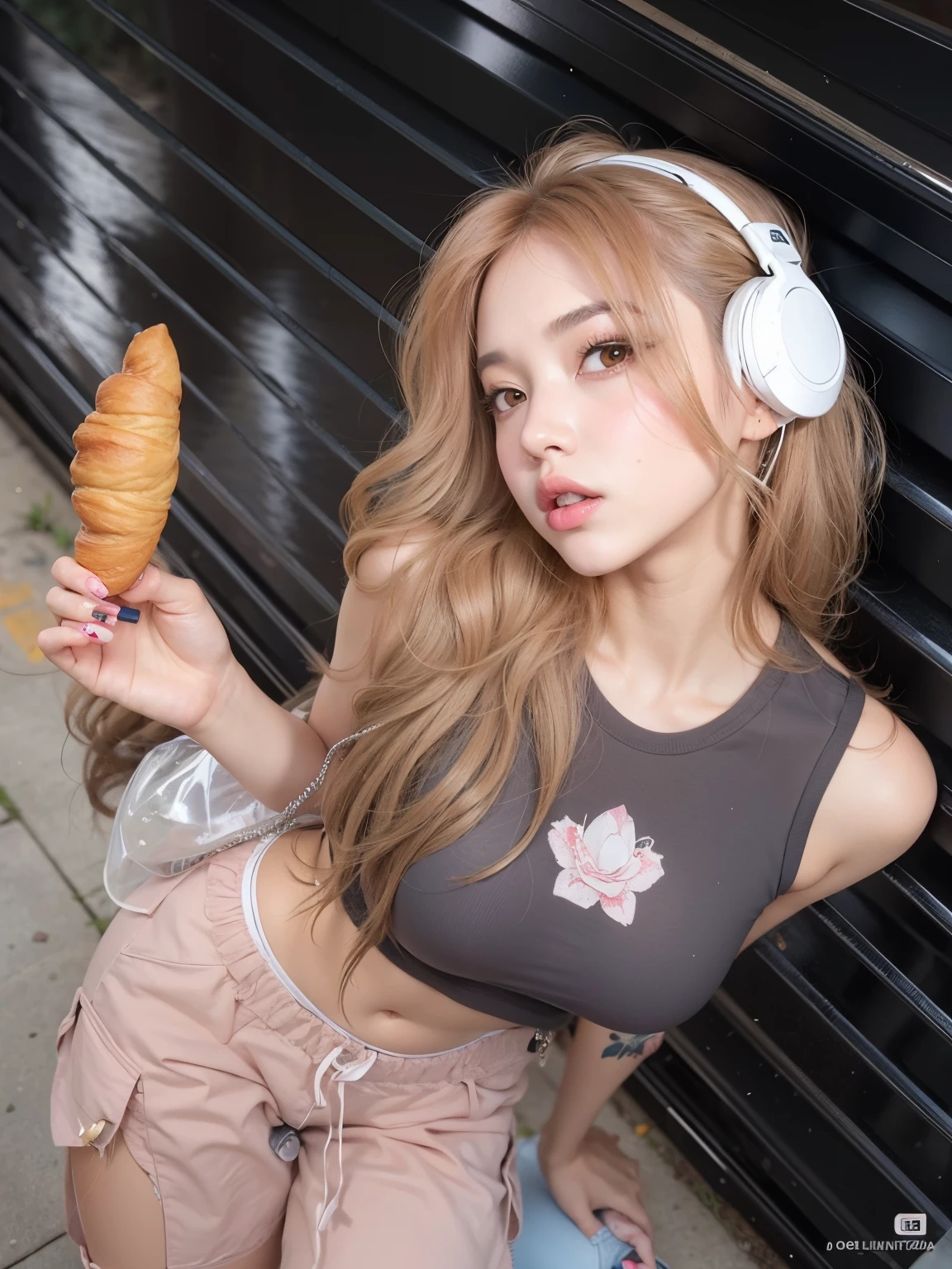 garota araffe com fones de ouvido segurando um croissant e um baguet, linda Delphine, Ulzzang, Parque Roseanne do Blackpink, Sakimichan Frank Franzzeta, ava max, Menina anime na vida real, Sakimichan, Lalisa Manobal, Lalisa Manoban do Blackpink, Modelo IG | Artgerm, 韓国アイドル