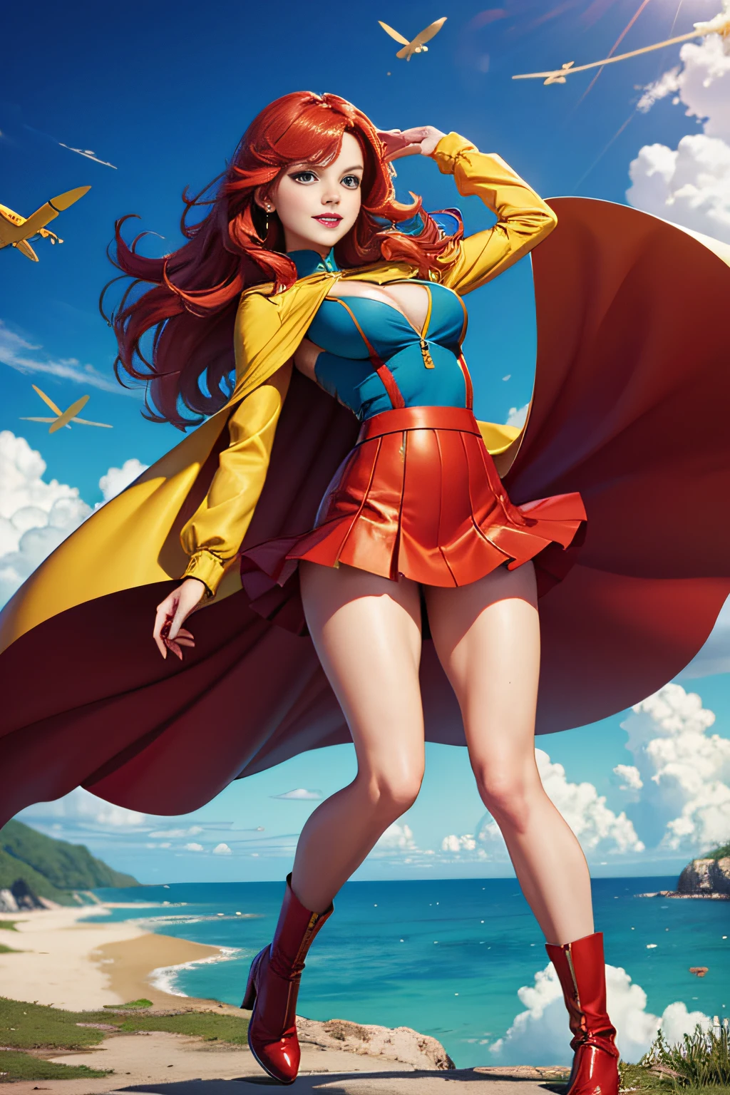 1 superhero girl, Pelo largo y rojo, ojos verdes, sonriente, llevar una blusa azul ajustada de manga larga con escote circular, minifalda amarilla, capa amarilla, ((Volando en el cielo)), high resolusion, ultrasharp, 8k, Obra maestra, Mirando al espectador, ((Vista de cuerpo completo))