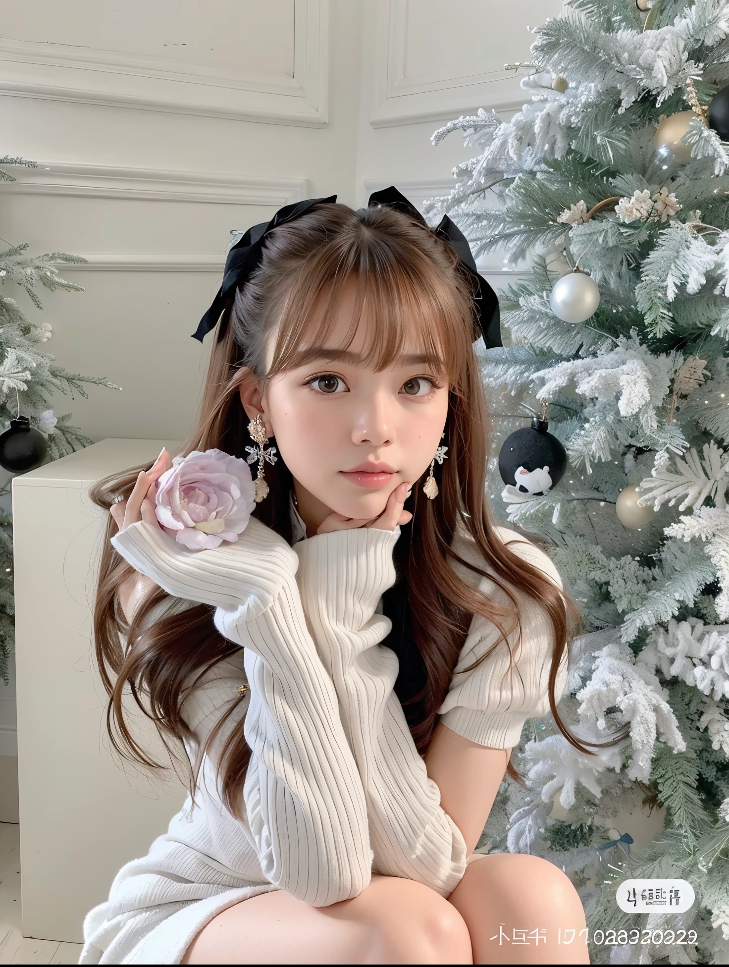 a close-up of a person sitting in front of a Christmas tree, Lalisa Manobal, Ulzzang, twintails branco_Luvas, Lalisa Manoban do Blackpink, cabelo arrumado com franja, cabelos longos com franja, com franja, cabelo comprido com franja completa, branco hime corte penteado, com franja completa, Sakimichan, linda Delphine