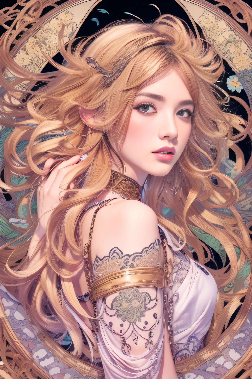 Genshin, light hair, tarot card art, black background, smoke background, line art, clean line art, Nature-themed coloring mandala, and clean line art, coloring book page, adorned in Art Nouveau style, Alfons Mucha, perfect intricate details, realistic.