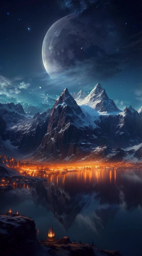 mountains and a lake with a moon in the sky, 4k highly detailed digital art, 4 k hd wallpaper very detailed, impressive fantasy landscape, sci-fi fantasy desktop wallpaper, unreal engine 4k wallpaper, 4k detailed digital art, sci-fi fantasy wallpaper, epic dreamlike fantasy landscape, 4k hd matte digital painting, 8k stunning artwork