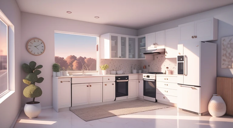 kitchens，Refrigerator，Uniformity，Decorative style，Terrazzo，the setting sun，scenecy，inside a room，4K，tmasterpiece，A high resolution，extremly intricate）（realistically：1.4），3D clay rendering，white backgrounid，c4d