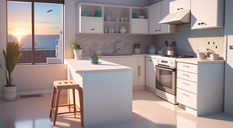 kitchens，Refrigerator，Uniformity，Decorative style，Terrazzo，the setting sun，scenecy，inside a room，4K，tmasterpiece，A high resolution，extremly intricate）（realistically：1.4），3D clay rendering，white backgrounid，c4d