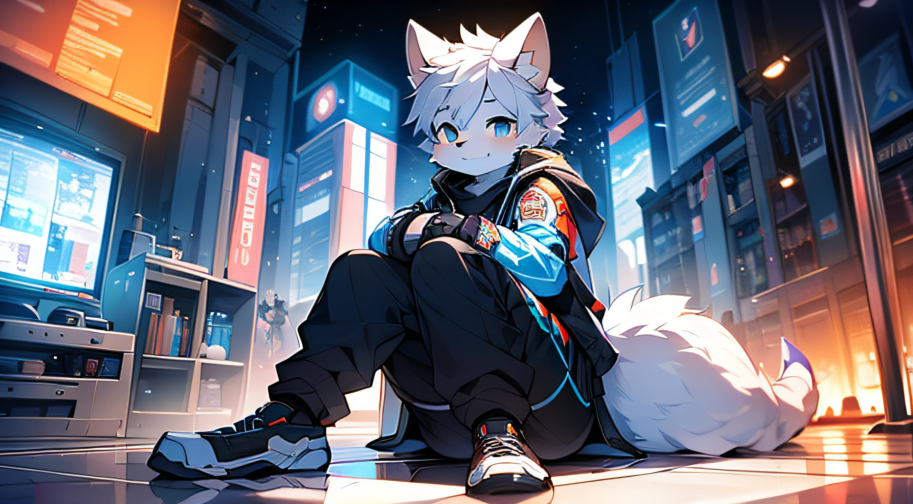 horny boy，Furry electronic wolf，((shota)), Blue and white hair, has a good figure, Handsome，Cute big breasts, optics：Ultimate light and shadow, Reflective skin,blushed skin，((worn-out clothing，Commoner)) ，((sci fi city，metal floor，The flag，独奏，the only person))，Outdoor sunset，((the detail))，（depth of fields），sitting down