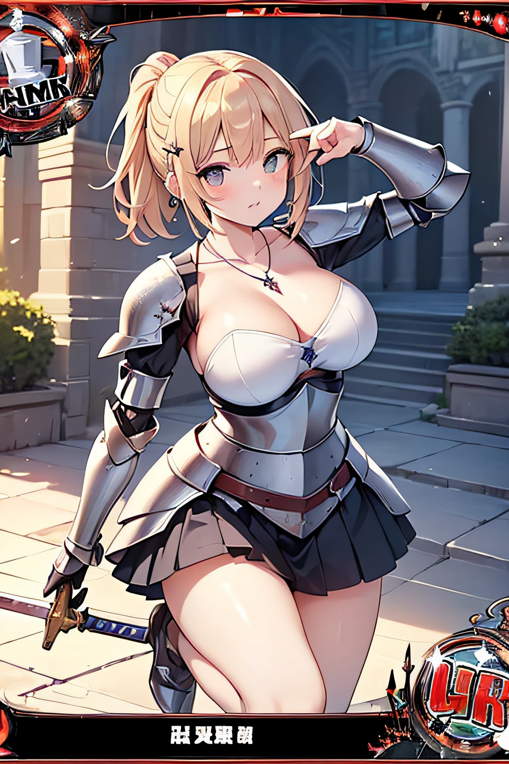 (Trading Card Game Frames:1.7),(((Armor and sword of Joan of Arc:1.3))),(((Ancient Western Landscapes:1,3))),(((Armed Girls in Europe:1.3))),(((Enhance your movements with a sword with a motion blur effect:1.3))),(beautiful a girl),Red pleated skirt,breast slip,(blondehair,See-through bangs and intricate braids、twisted beaded ponytail),(((emphasizing breasts:1.3))),(Dynamic angles),(Dynamic and sexy forward pose:1.3),(((Dignified statue))),(((hair pin,a necklace,piercings))),Colossal tits,Blush with embarrassment,Enraptured eyes,skin glistening with sweat,gazing at viewer,Disturbance of clothing due to movement,pointed red mouth,Perfect round face,,Proper body proportion,Intricate details,Very delicate and beautiful hair,photos realistic,Dreamy,Professional Movie Lighting,realistic shadow,Solo Focus,Beautiful hands,Beautiful fingers,Detailed finger features,detailed clothes features,Detailed hair features,detailed facial features,top-quality,Ultra-high resolution output image,) ,(The 8k quality,),(Image Mode Ultra HD,)