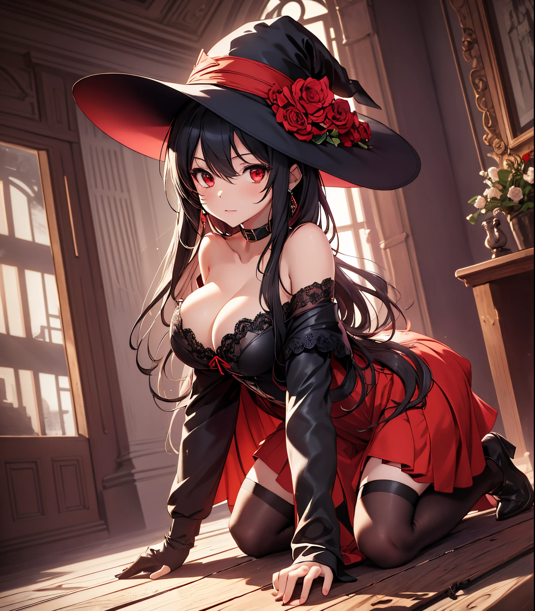 masterpiece, best quality, best illustration, HDR, beautiful details, intricate details, detailed scenery, dramatic light, best shadow, (full body), (1girl),  megumin, bare shoulders,black gloves, black hair, cape, choker, collarbone, dress, hair between eyes, hat, long sleeves, looking at viewer, medium hair, off-shoulder dress, off shoulder, red dress, red eyes, sidelocks, solo, witch hat, indoors, cleavage, big breasts, on all fours