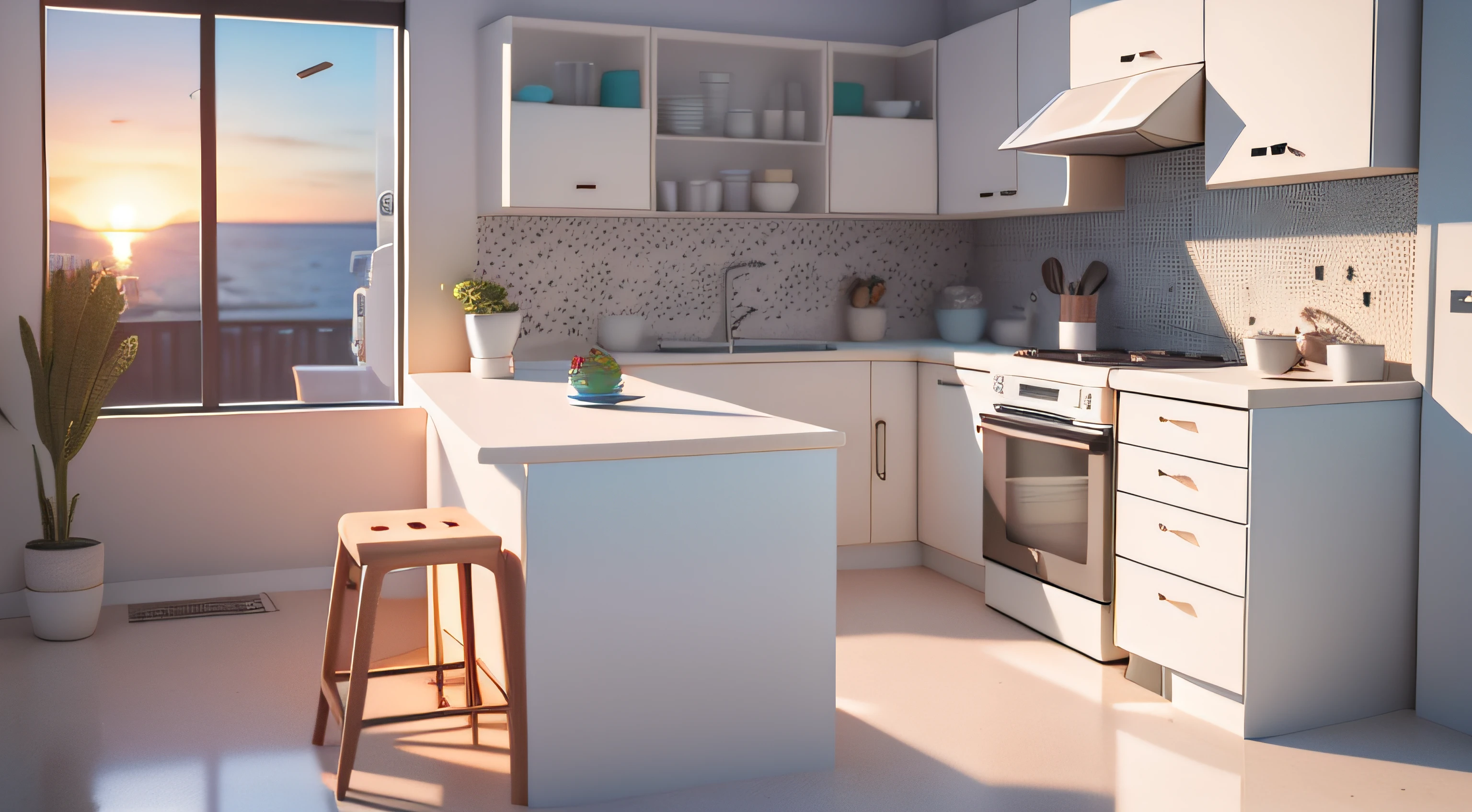 kitchens,Refrigerator,Uniformity,Decorative style,Terrazzo,the setting sun,scenecy,inside a room,4K,tmasterpiece,A high resolution,extremly intricate)(realistically:1.4),3D clay rendering,white backgrounid,c4d