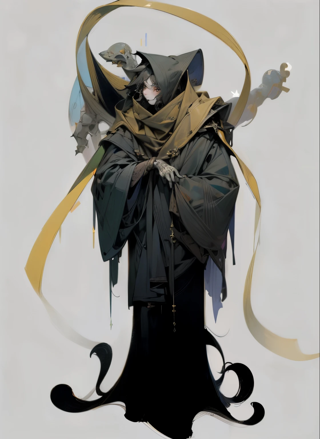 a stranger, Hide in a corner, Angular design, hooded, Wearing a heavy pale cloak, many shining eyes, se abrigam debaixo de suas capas, Lots of hands,  verytall, stooping forward, merchant, offer goods, incredible appearance, weird anatomy, hide,Streamers，Spell