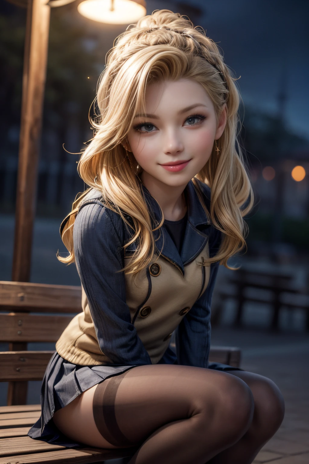 highres, ultra detailed, (1girl:1.3), (dynamic pose):1.0 BREAK, 1 extremely beautiful and glamorous girl sitting on the park bench at night, wearing a white collard shirt and a short length pleated skirt, (knee high stockings), she has wavy pony-tail hair style, small breasted, smile, happy, wind, 8 life size, detailed clothes, detailed body, detailed arms, human hands, detailed hands, upper body shot, hip focus, blush, light smile, looking the viewer, facing the viewer, staring the viewer, Lights are lit around the beach and stars are shining in the sky, studio soft light, cinematic light, detailed background, realistic, ultra-realistic, masterpiece, 32k ultra-sharp image,
