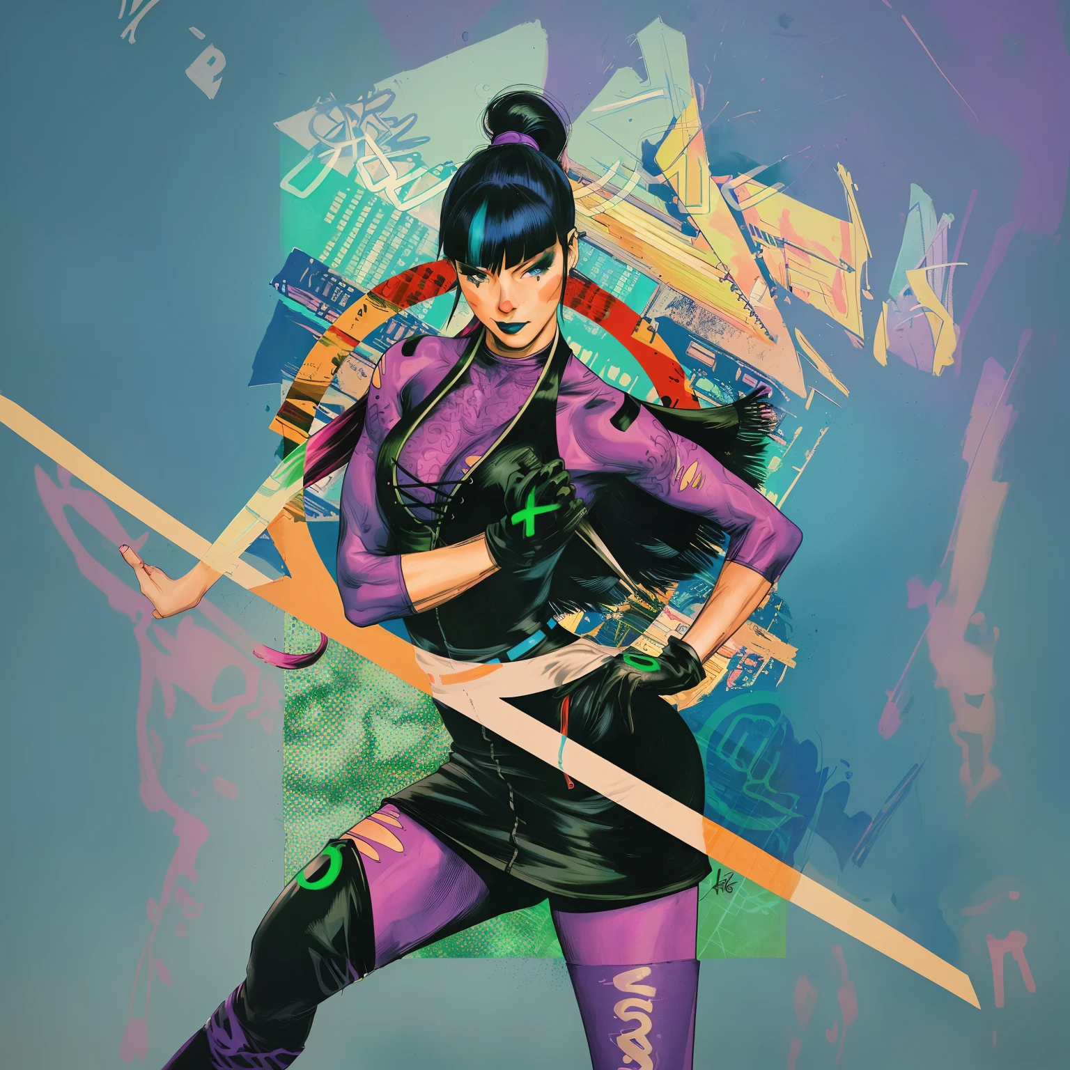 dynamic pose, 1woman, brunette high ponytail hairstyle, purple legging, graffiti background, aesthetic graffiti background, highly detailed background, (((masterpiece))), ((best quality)), ((intricate detailed)), ((Hyperrealistic)), 8K, absurd res, real-life precision, life-like depiction, ultra-realistic detail, unmatched realism,