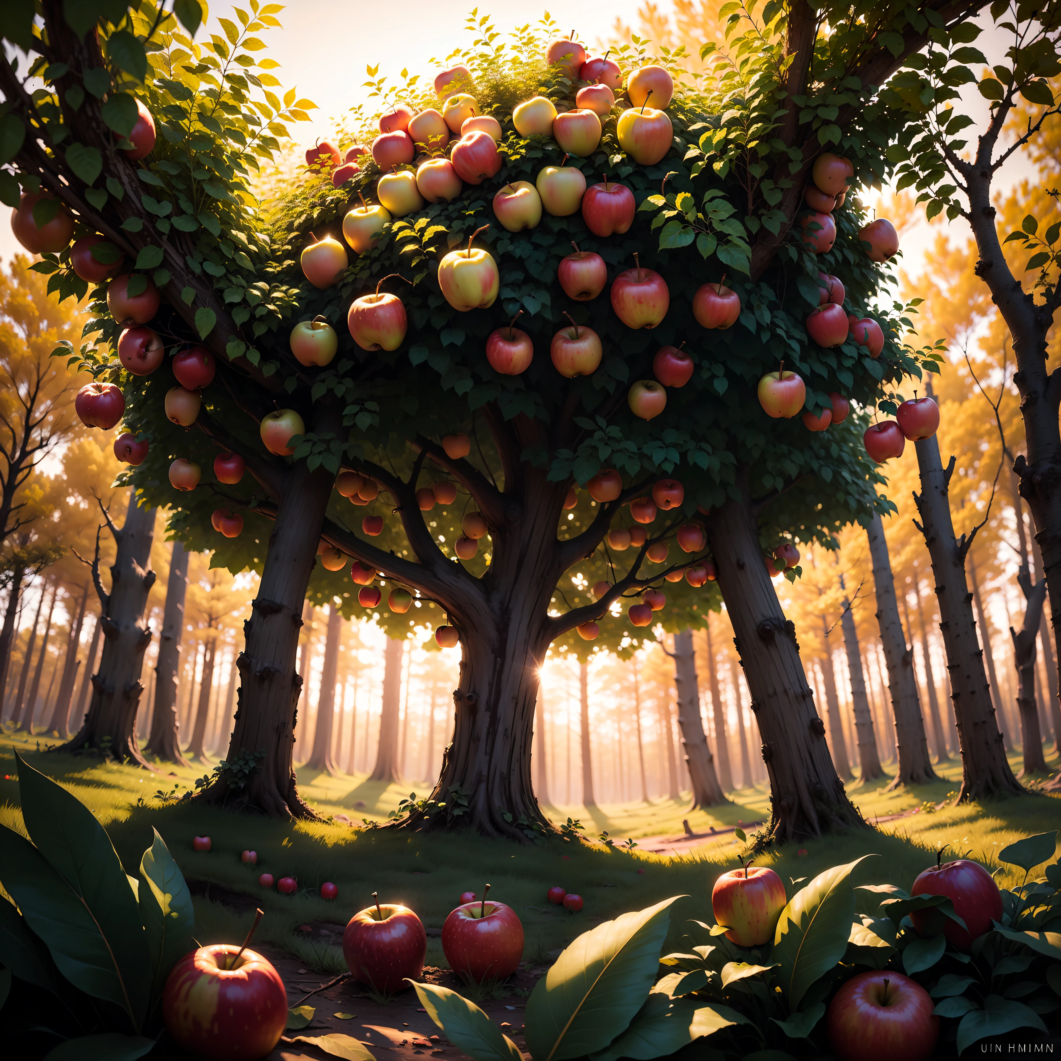 Apple tree with solitary apples in a forest, foto ultra detalhada, por do sol, 8k
