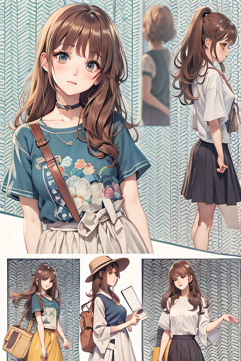 hightquality、masuter piece、in 8K、Photorealistic anime drawings、(1womanl、Have fun、Full body like)、(30-year-old mother、Brown hair semi-long hair、long skirt)、Assembling travel supplies