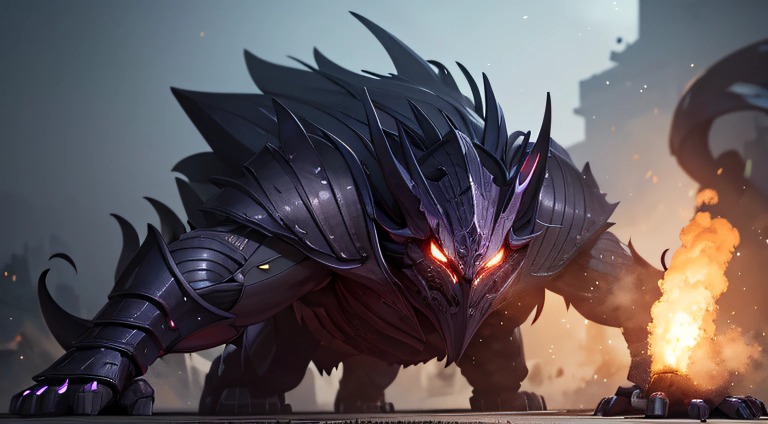 (highest qualityr, realista, DarkFantasy), monstruo humanoide, Armadura negra, bright purple fog, ejercito de sombras.