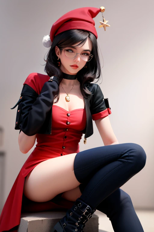 Estilo anime, ................3d, Uma mulher de 27 anos com cabelos marrom na altura dos ombros, brunette and wearing glasses, exibindo um estilo ousado e rock'n'roll. Ela vestindo um vestido de natal vermelho, On his head a red Christmas hat . On the feet, ela usa botas de couro preto com fivelas e sola robusta. Your hair a little messy, complemented by an intense red lipstick and black eyeliner that enhances your eyes. Ela possui seios pequenos e um olhar sedutor.